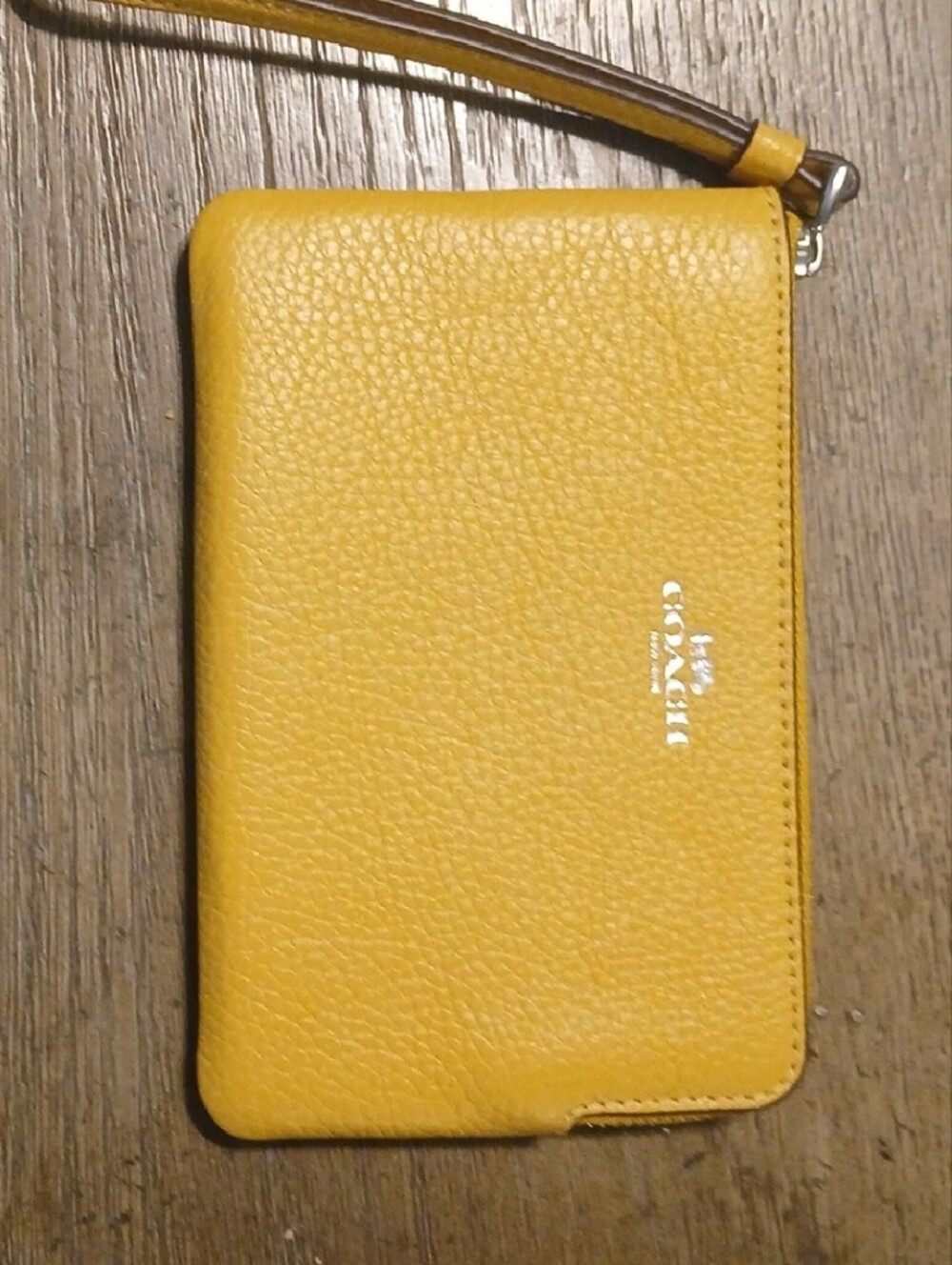 Coach Pebbled Yellow Leather Wristlet Pouch with Strap - Picture 3 of 4